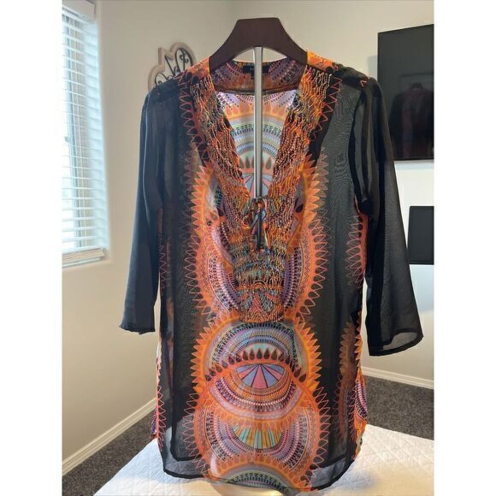 Raviya Sz S Black Multi Women's Beaded 3/4 Sleeve Dress Swim Cover-Up‎